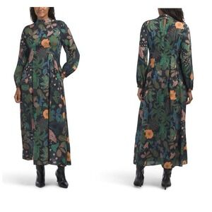 Celina Moon Floral Maxi Dress Mock Neck Long Sleeve Boho Garden Party Size M‎